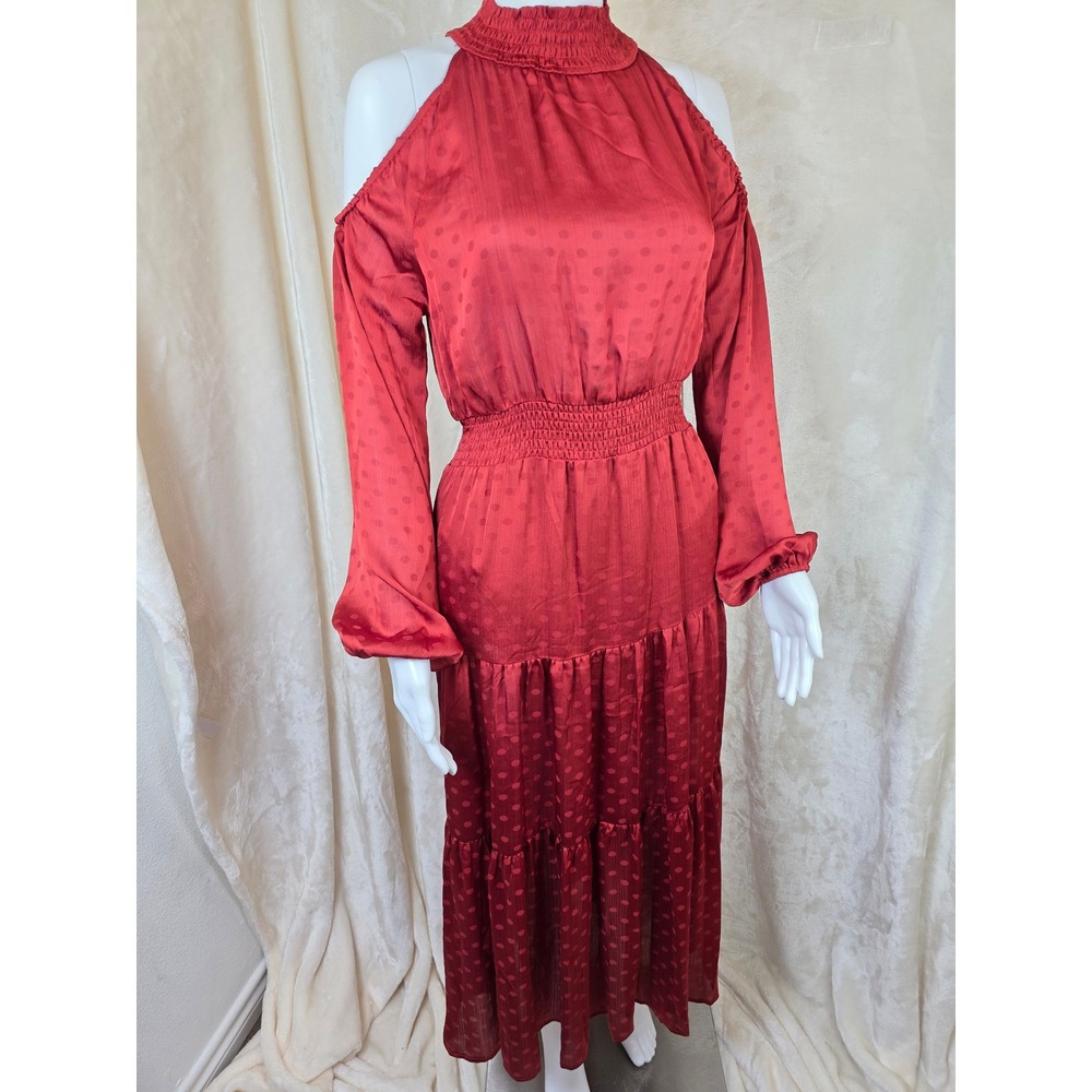 Burgundy Red Polka Dot Jacquard Cold Shoulder Smocked Midi Dress Large